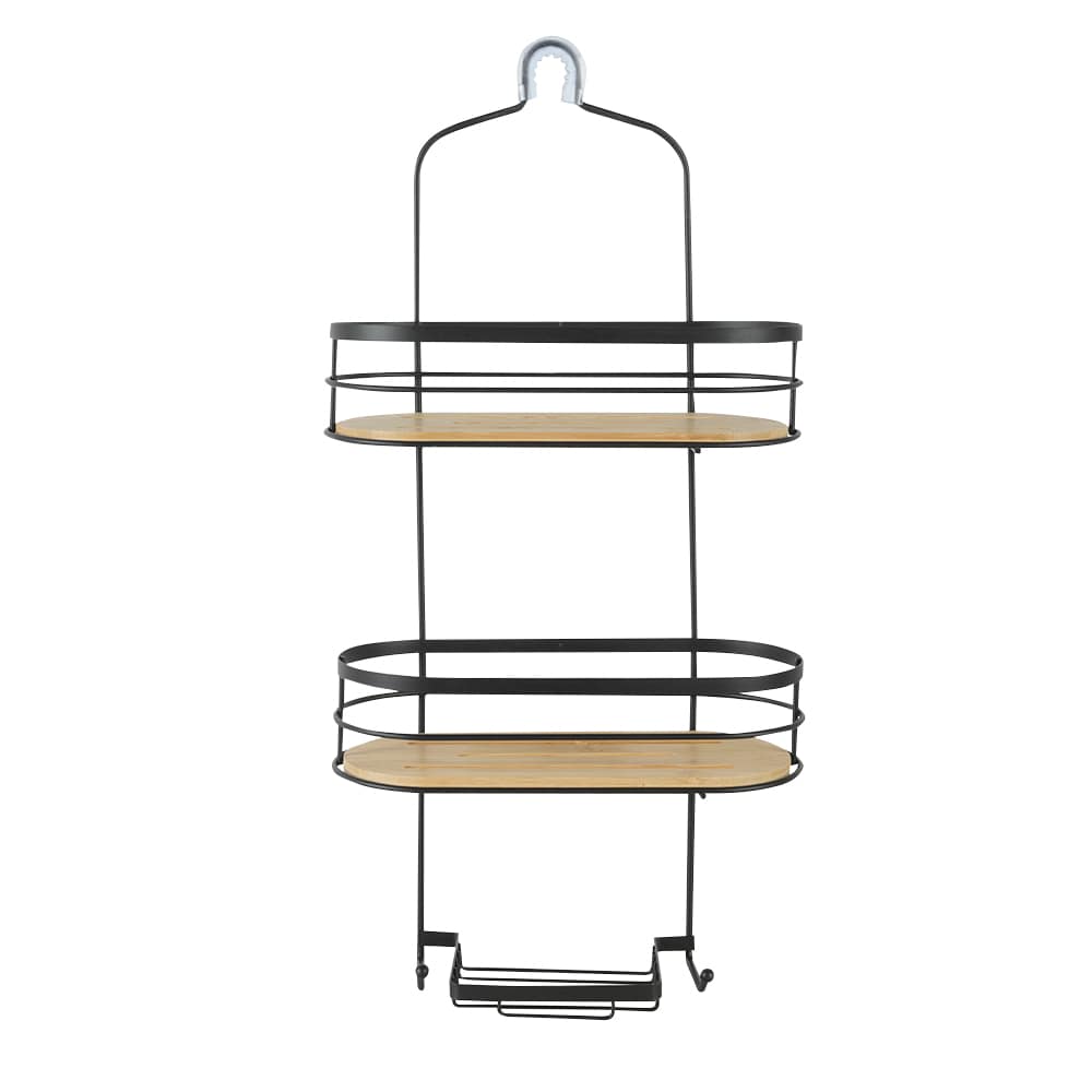 Valet de douche bambou et métal noir