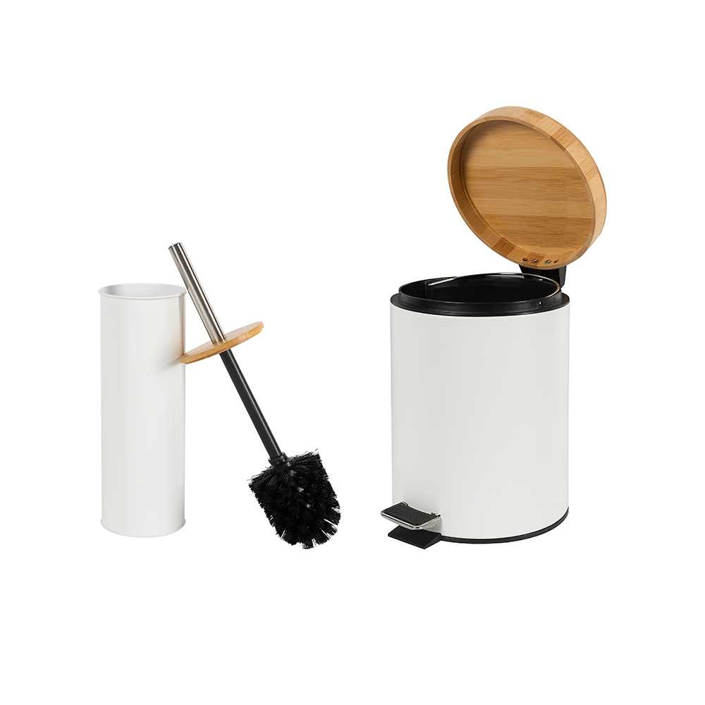 Poubelle à pédale et brosse à toilette avec support blanc et bambou NEKTRA