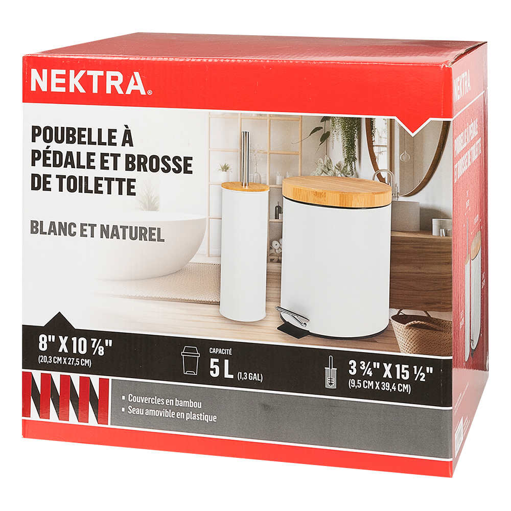 Poubelle à pédale et brosse à toilette avec support blanc et bambou NEKTRA