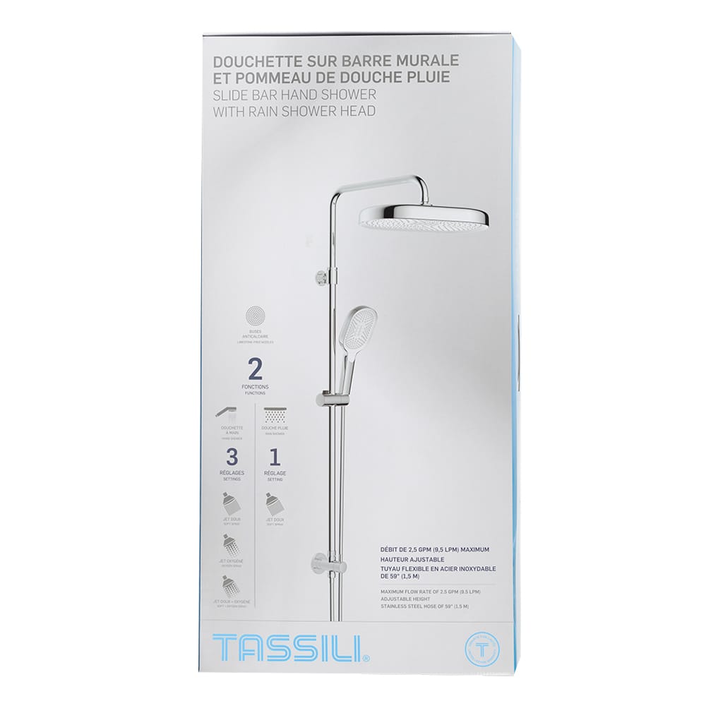 Douchette à main et pommeau de douche pluie sur barre murale chrome TASSILI