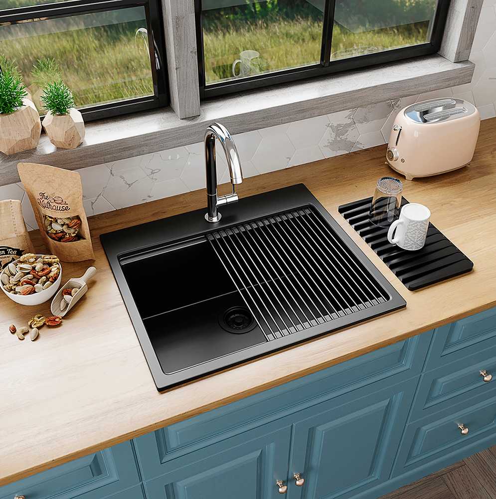 Évier de cuisine simple Volcan en granit noir 22&nbsp;13/16&nbsp;po&nbsp;x&nbsp;19&nbsp;11/16&nbsp;po TASSILI