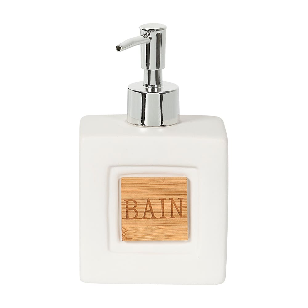 Distributeur à savon en céramique blanc et bambou