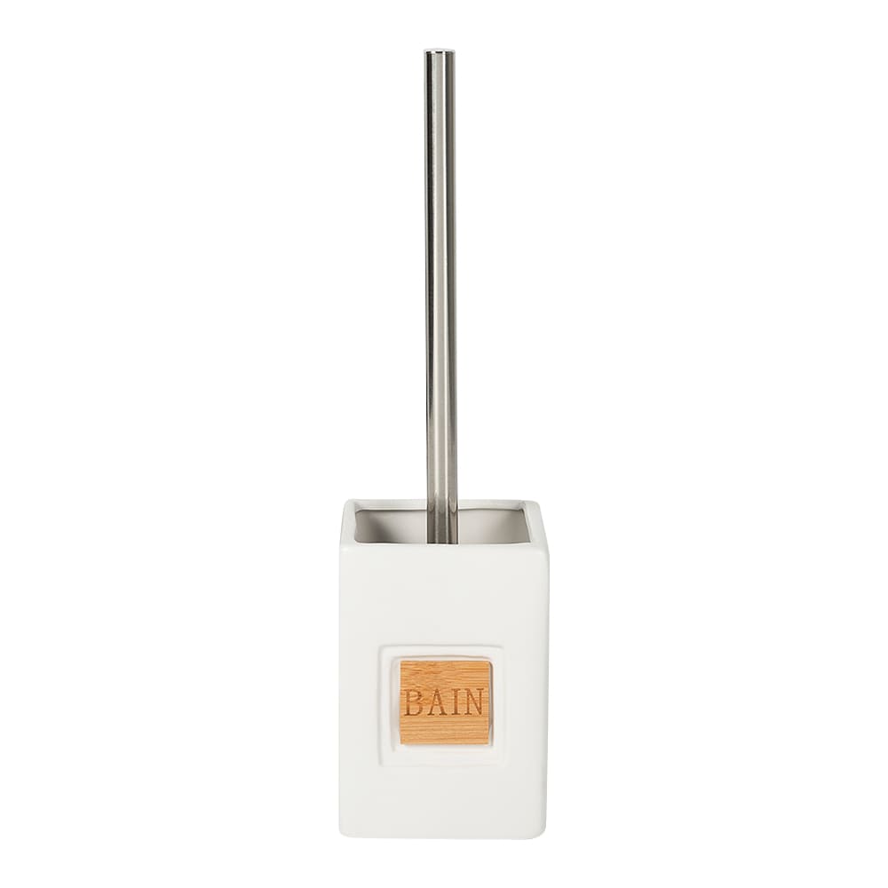 Brosse à toilette avec support en céramique blanc et bambou