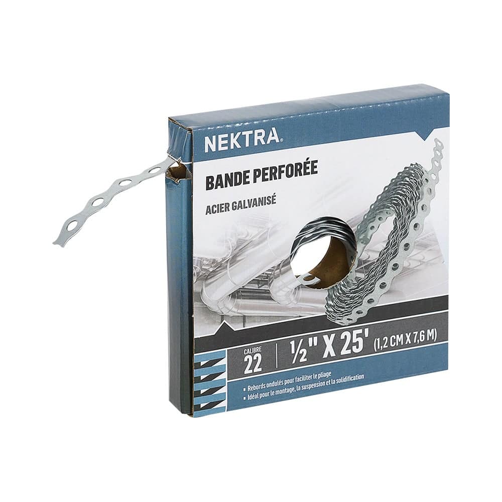 Feuillard perforé en acier galvanisé 1/2 po x 25 pi NEKTRA