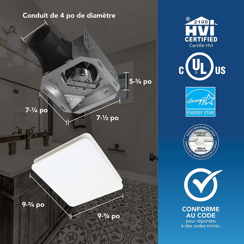 Ventilateur de salle de bains 60&nbsp;pi³/min