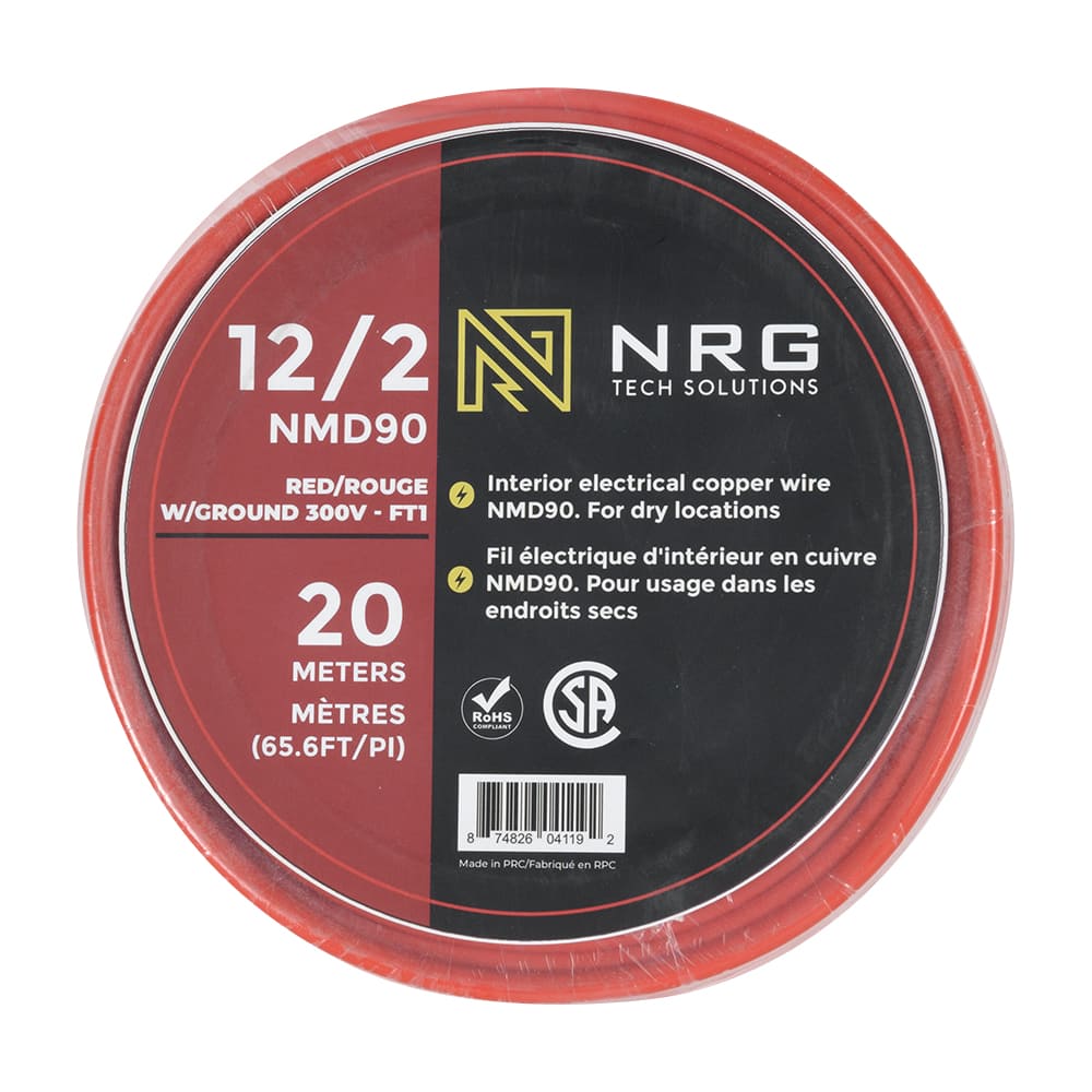 Fil électrique d'intérieur NMD-90, 12/2 rouge 20 m