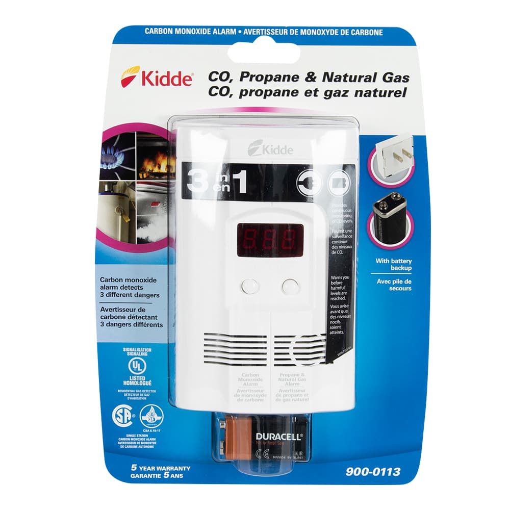 Avertisseur de gaz 3 en 1 branché avec pile de secours 9 V