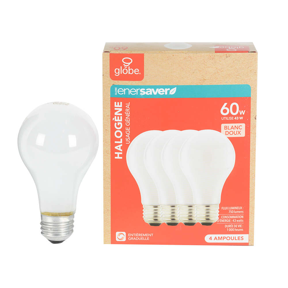 A19 Halogen Light Bulbs 43 W Pkg/4 Soft White