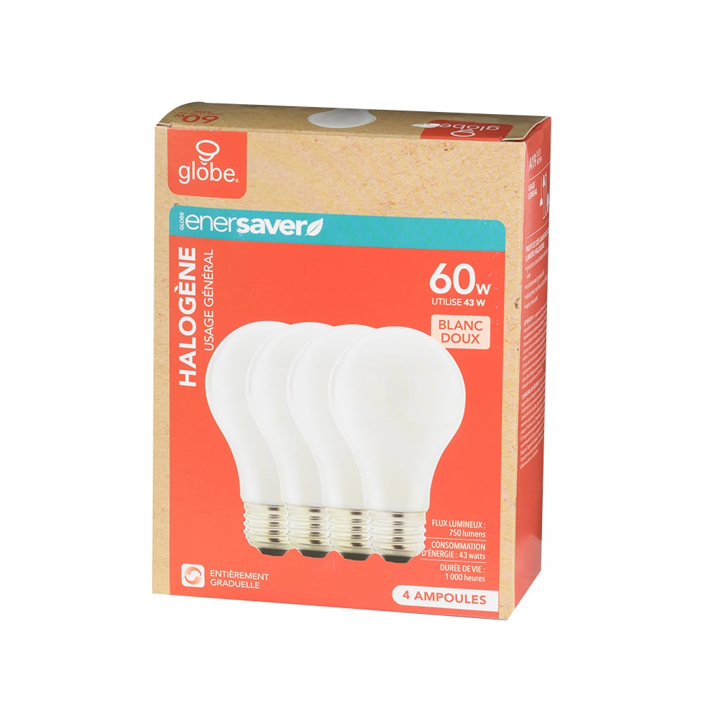 A19 Halogen Light Bulbs 43 W Pkg/4 Soft White