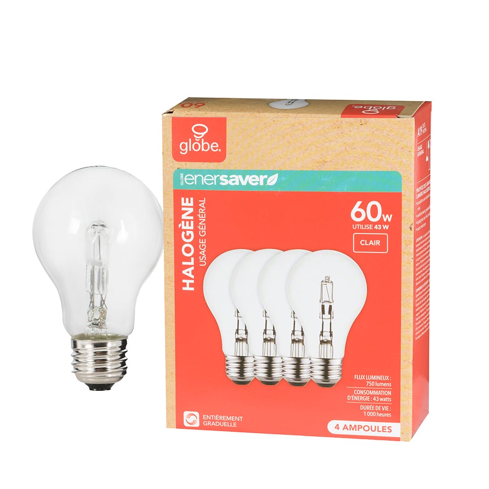 A19 Halogen Light Bulbs 43 W Pkg/4 Clear
