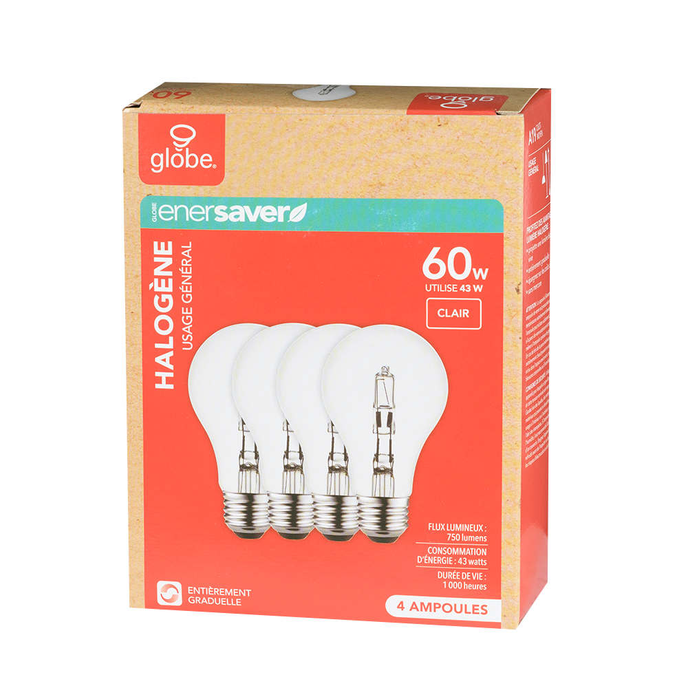 A19 Halogen Light Bulbs 43 W Pkg/4 Clear