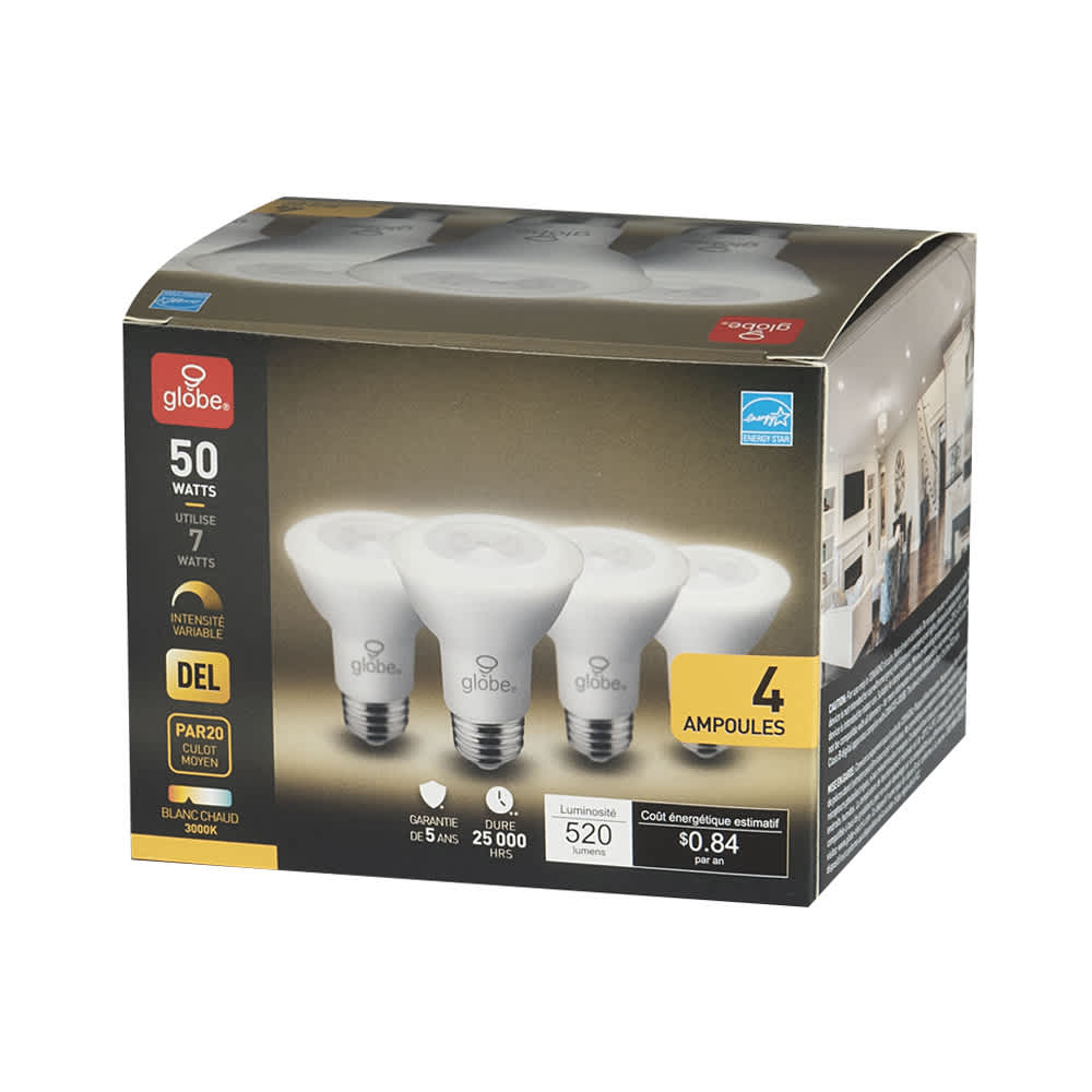 Ampoules-réflecteurs DEL PAR20 7&nbsp;W Pqt/4