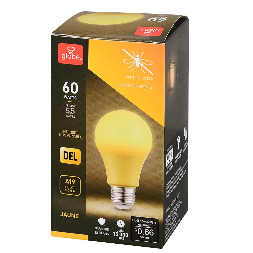 Ampoule DEL A19 à culot moyen  anti-insectes jaune 5,5 W