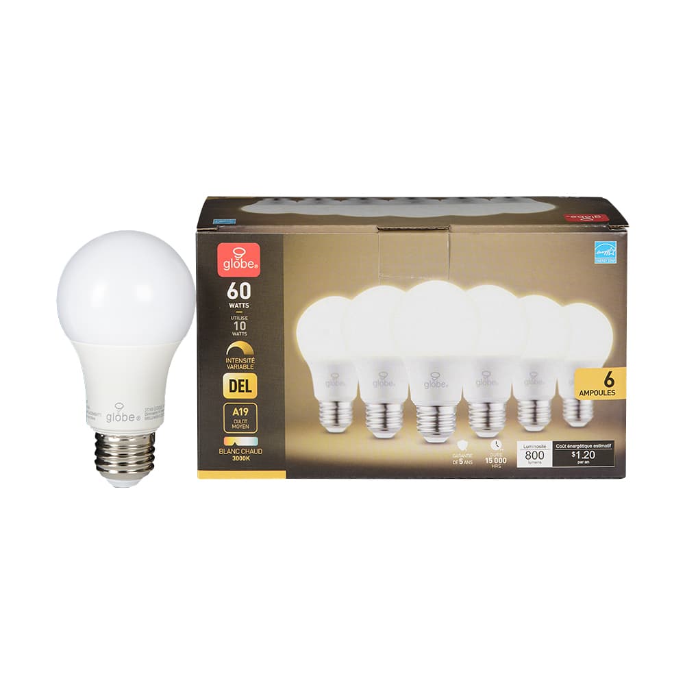 A19 Warm White LED Light Bulbs 10 W Pkg/6