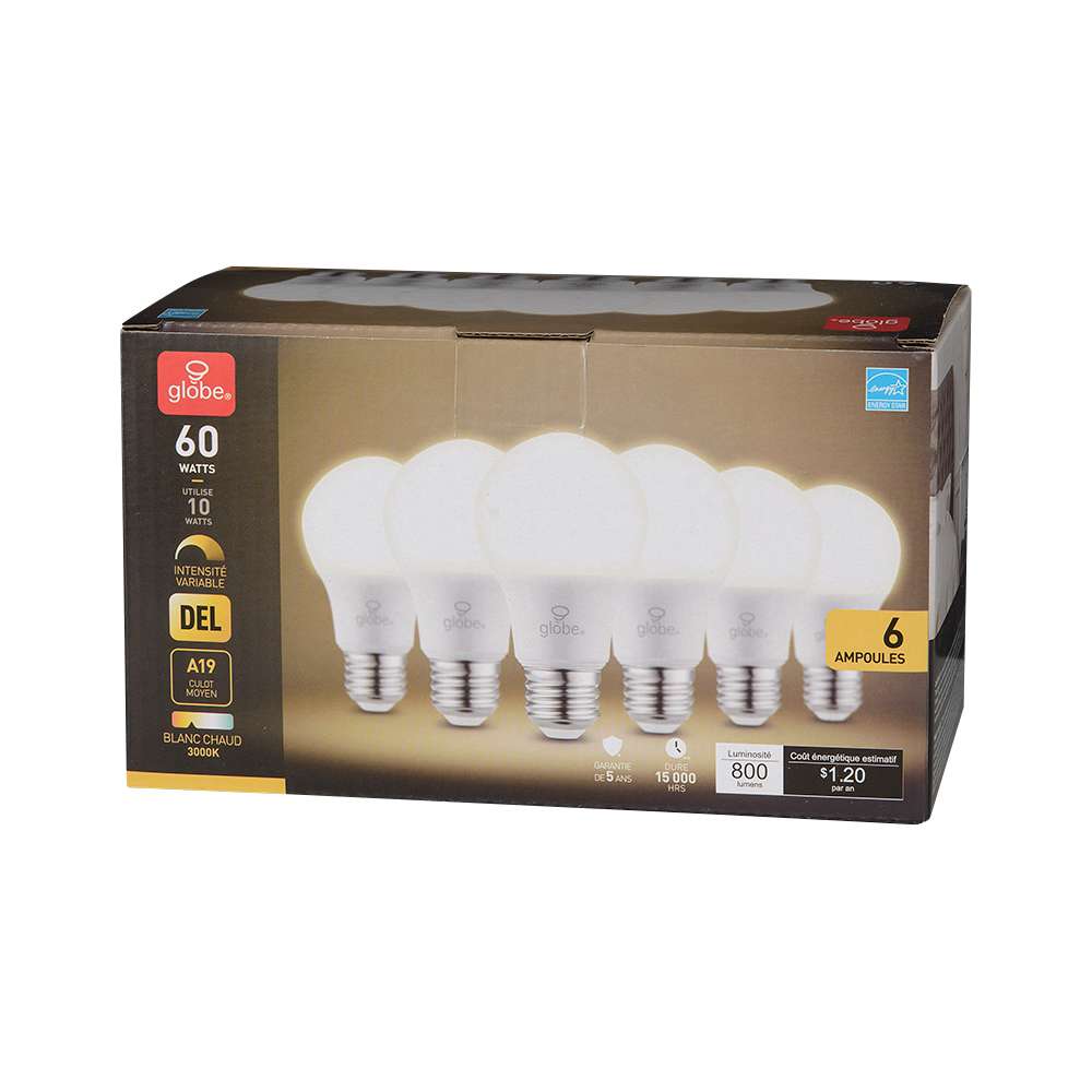 A19 Warm White LED Light Bulbs 10 W Pkg/6