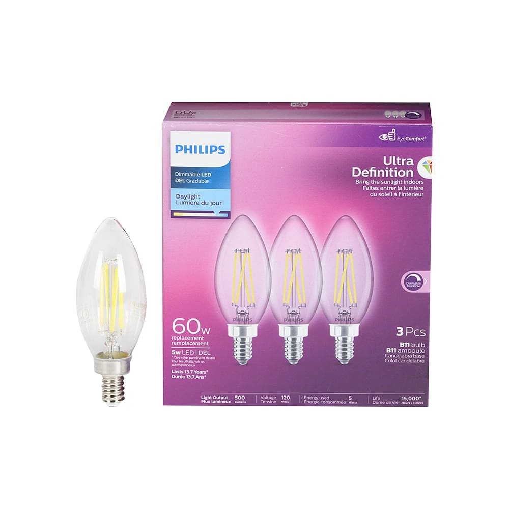 Ampoules DEL B11 à culot candélabre lumière du jour 5 W Pqt/3