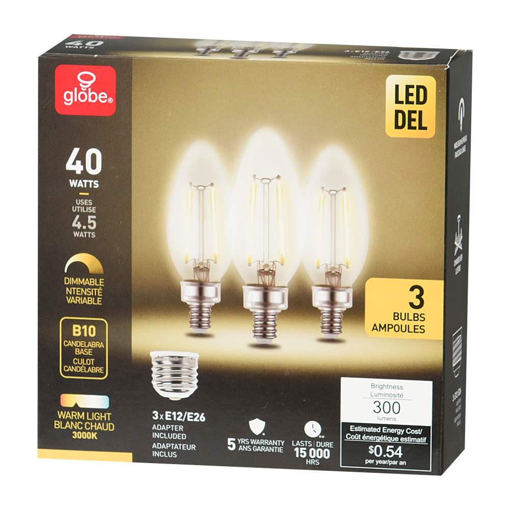 Ampoules DEL B10 blanc chaud 4,5 W Pqt/3