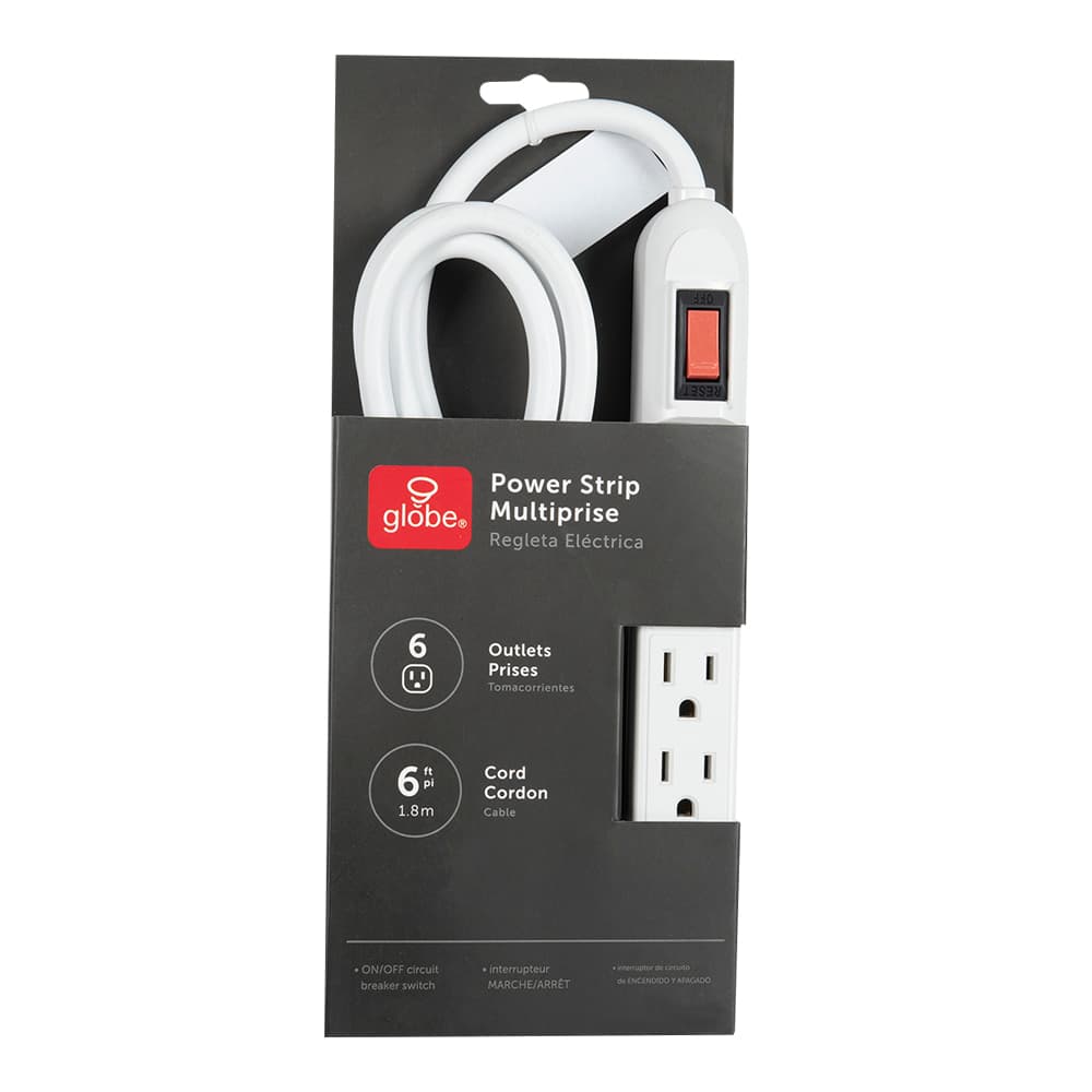 Barre d'alimentation blanche à 6 prises 6 pi