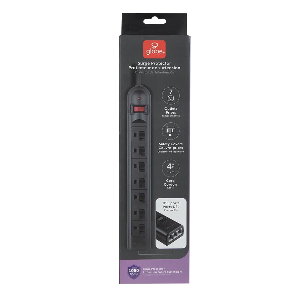 Barre d'alimentation noire à 7 prises 4 pi