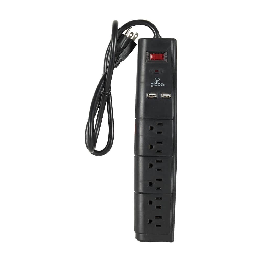 Barre d'alimentation noire à 6 prises et  2 ports USB 3 pi