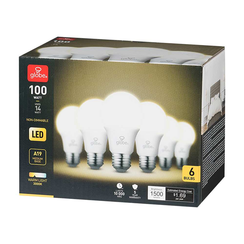 Ampoule DEL A19 blanc chaud 14 W Pqt/6