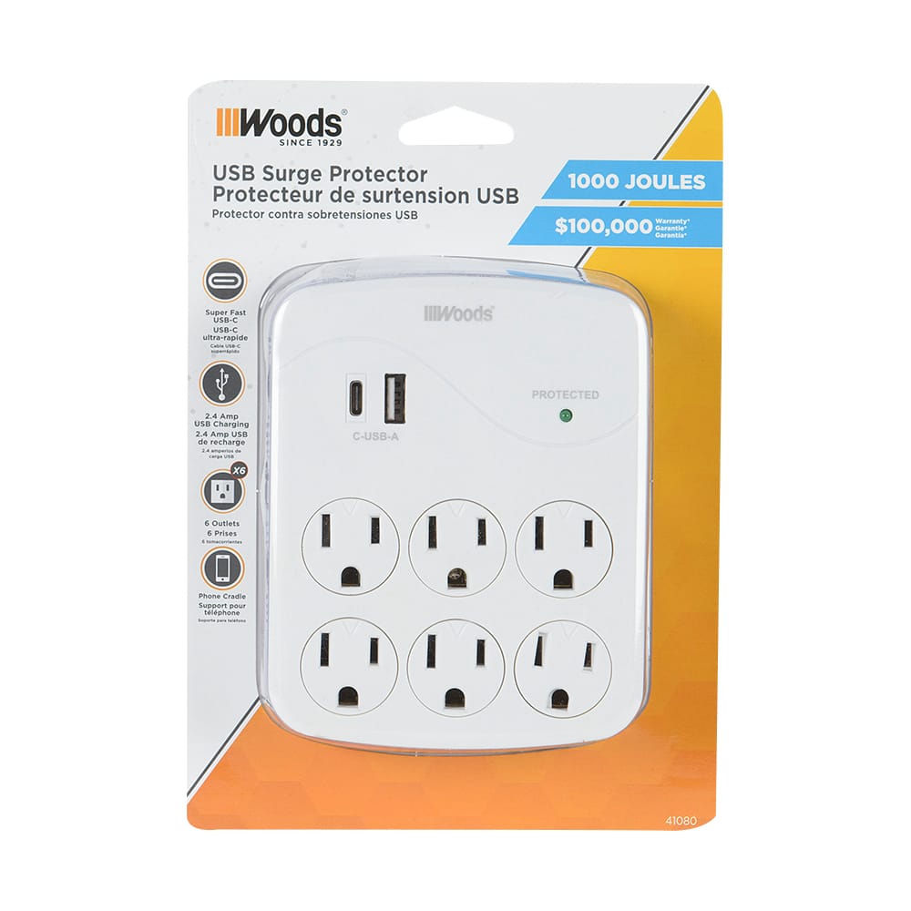 6-Outlet and 2-USB Ports Wall Adapter White