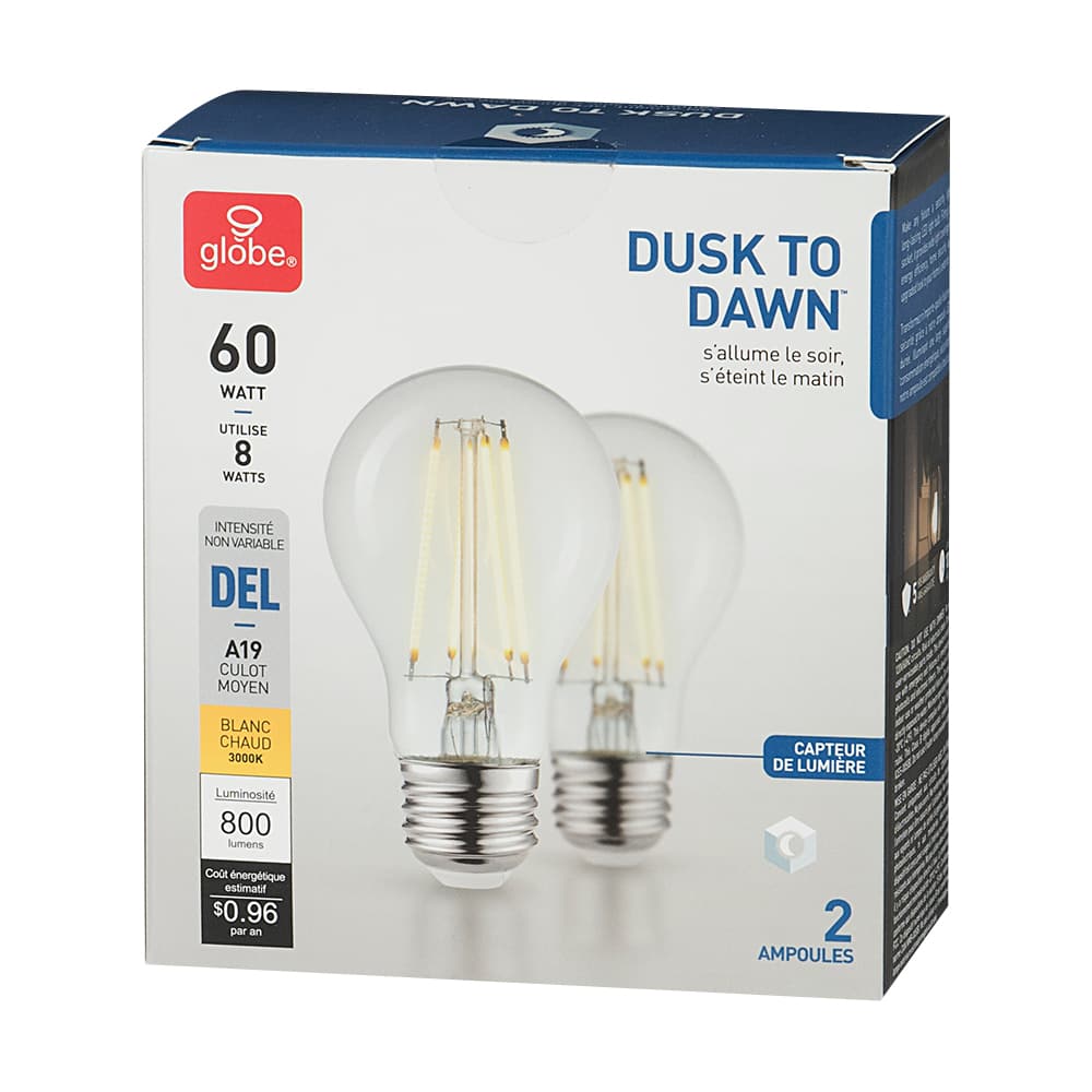 Ampoule DEL A19 Dusk to Dawn 8&nbsp;W Pqt/2