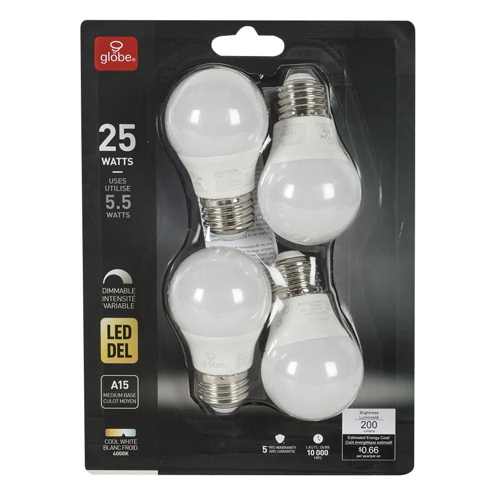 A15 LED Light Bulb Cool White 5.5 W Pkg/4