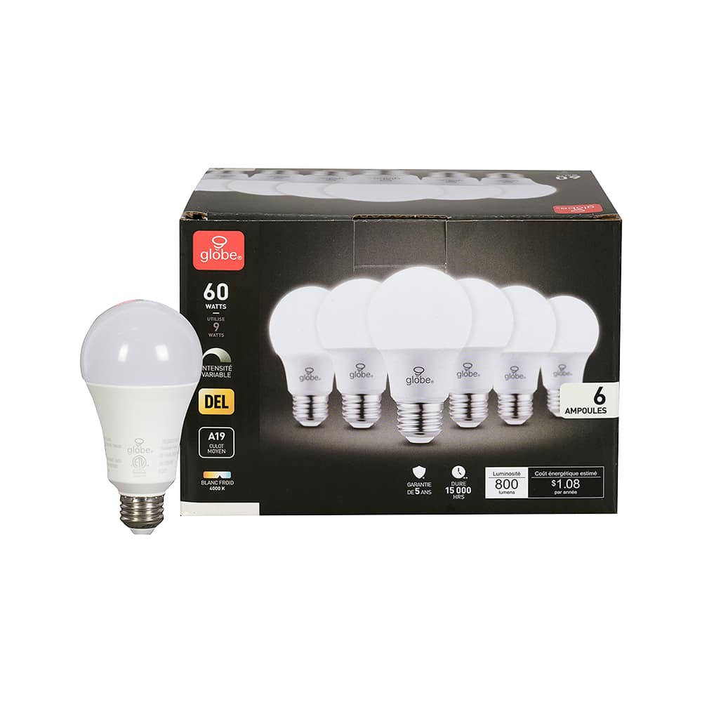 A19 LED Light Bulb Cool White 9&nbsp;W Pkg/6