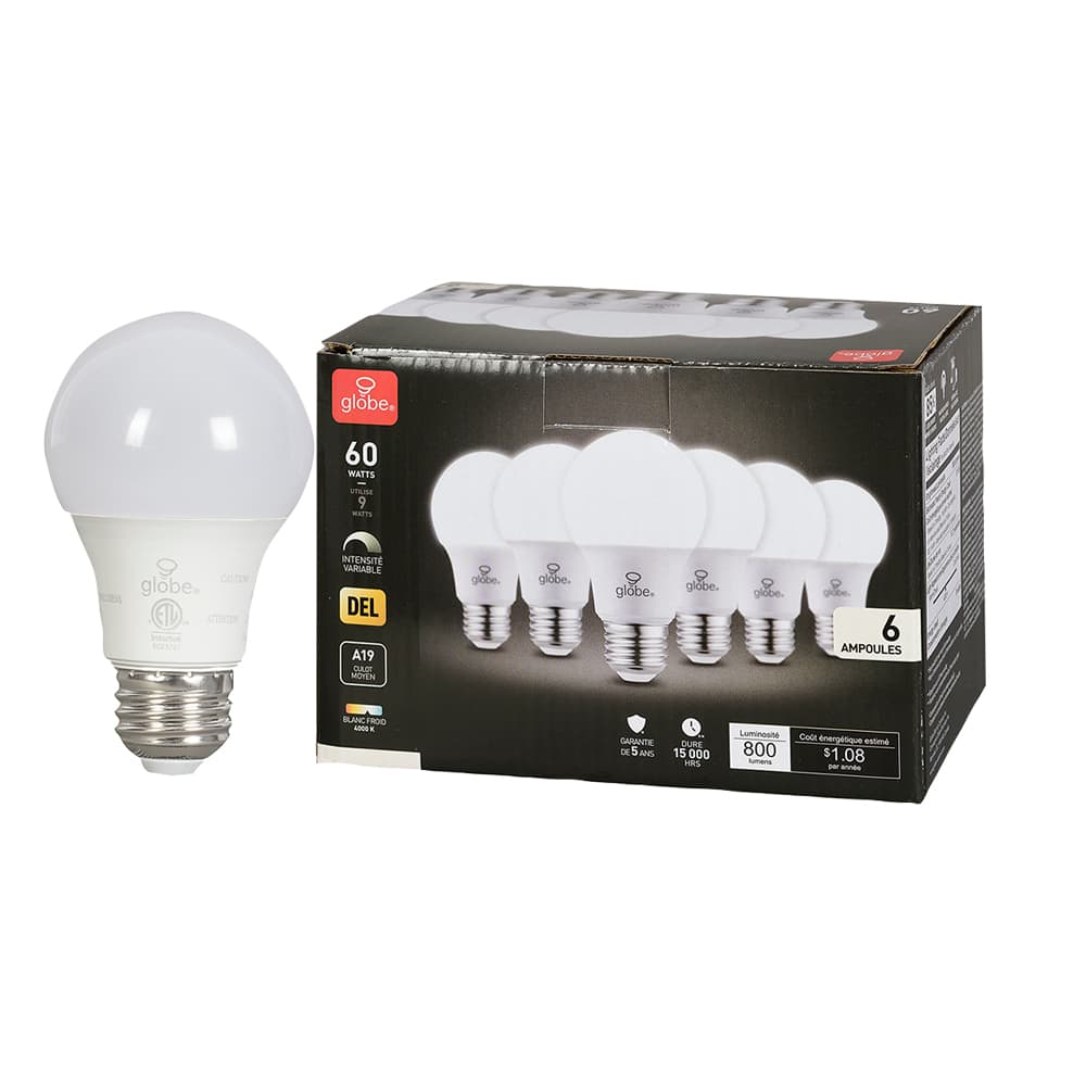A19 Medium Base LED Light Bulb Cool White 9&nbsp;W Pkg/6