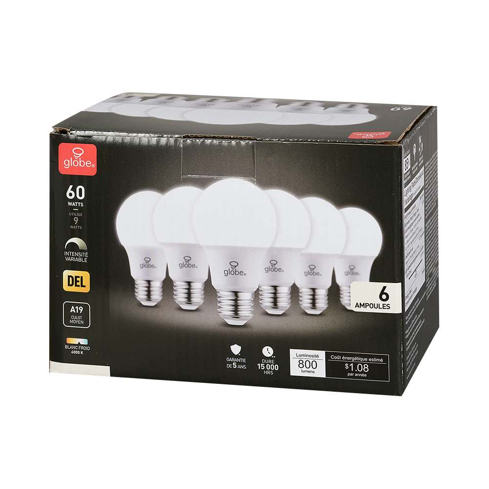 A19 LED Light Bulb Cool White 9&nbsp;W Pkg/6