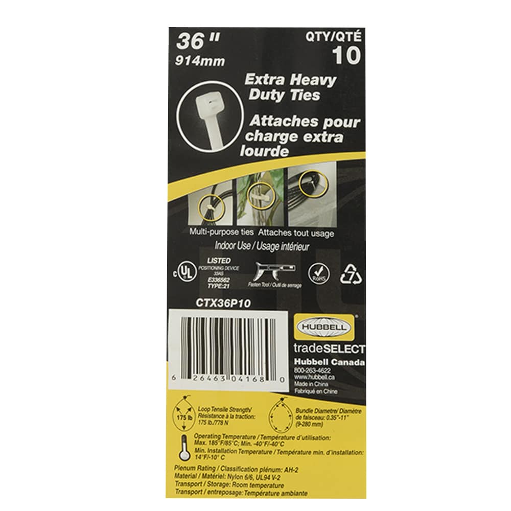 Attaches autobloquantes pour fils charge extra lourde 36 po Pqt/10