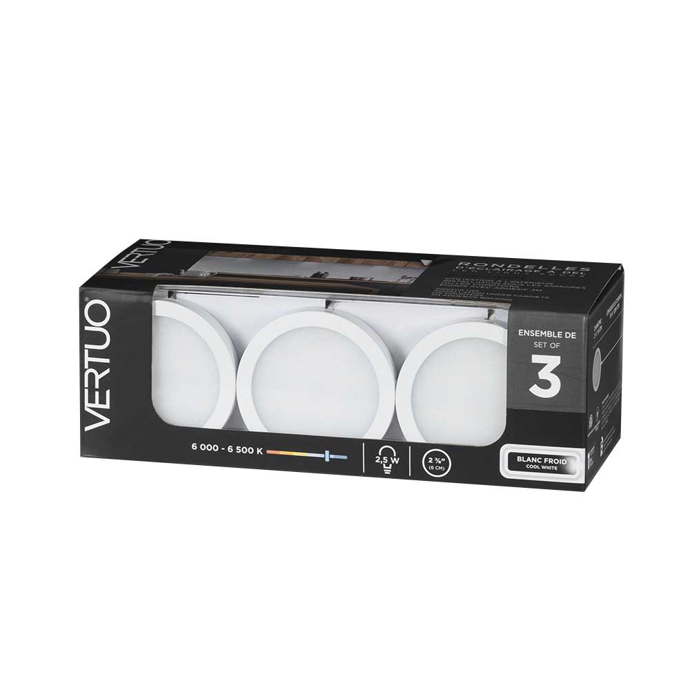 Rondelles d'éclairage blanches à DEL blanc froid Pqt/3 VERTUO