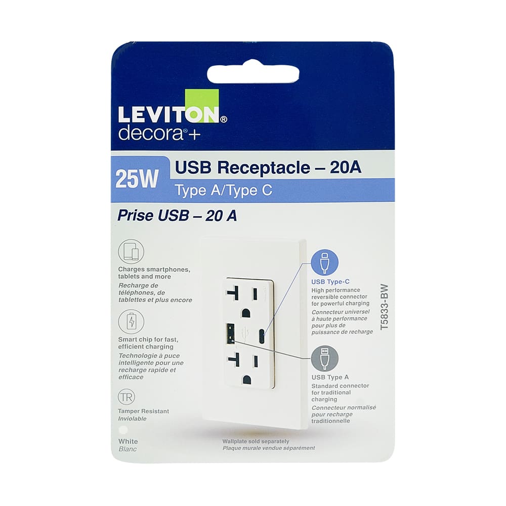 Prise de courant 20 A sécurisée Decora + 2 prise USB