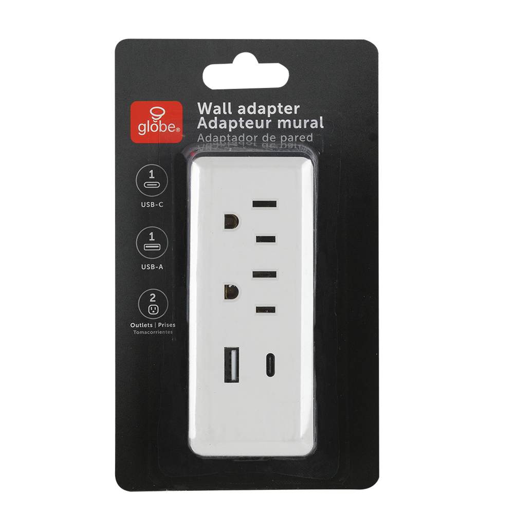 Multiprise murale blanche à 2 prises et  2 ports USB