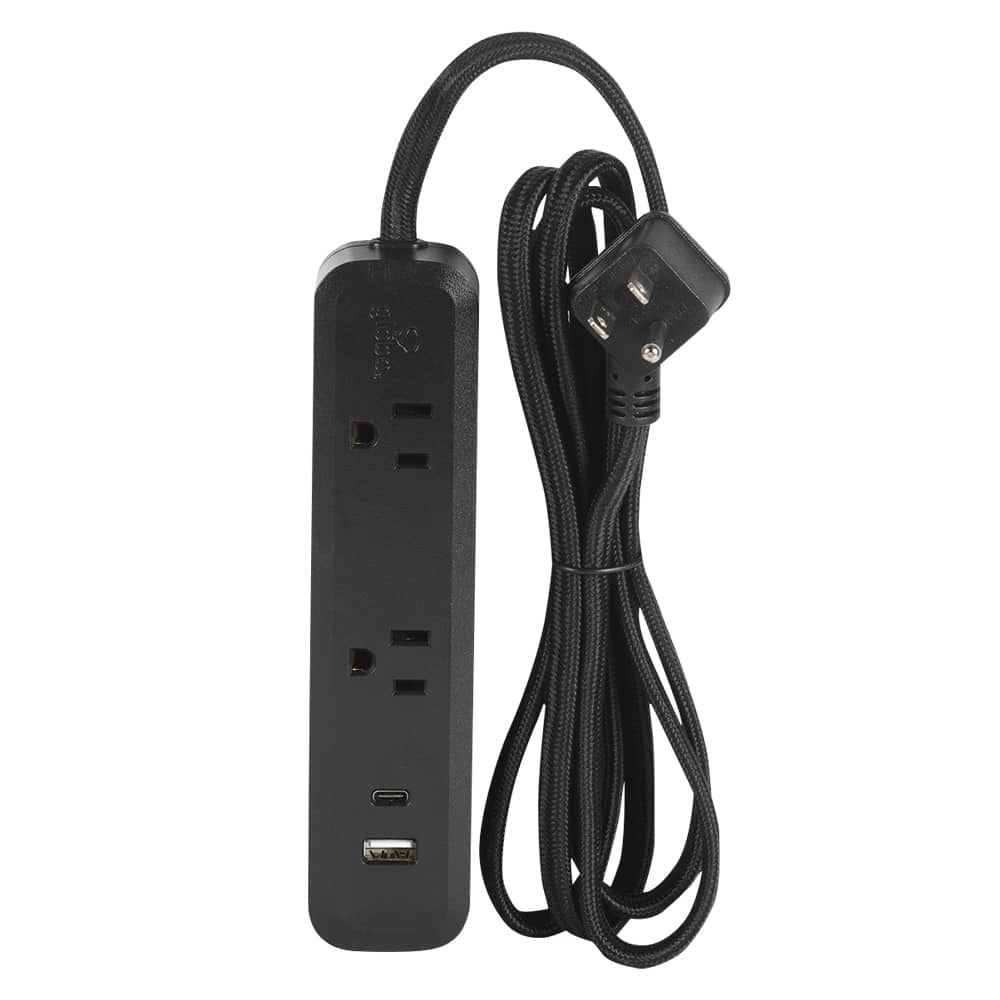 2-Outlet and 2-USB Ports Power Bar Black 6 ft.