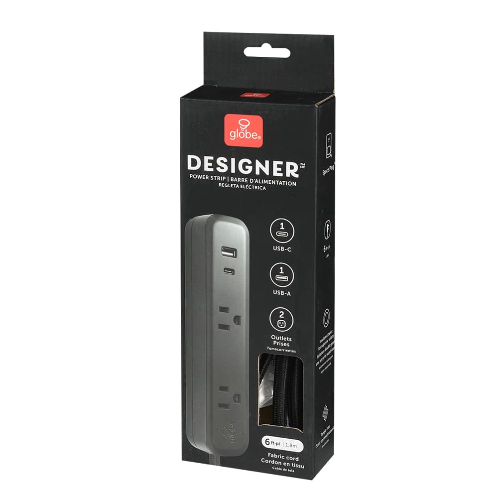 2-Outlet and 2-USB Ports Power Bar Black 6 ft.