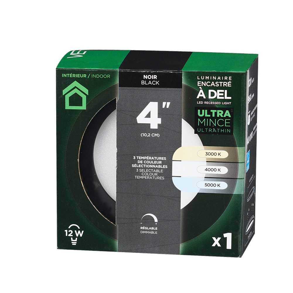 Encastré DEL ultramince noir 4&nbsp;po VERTUO