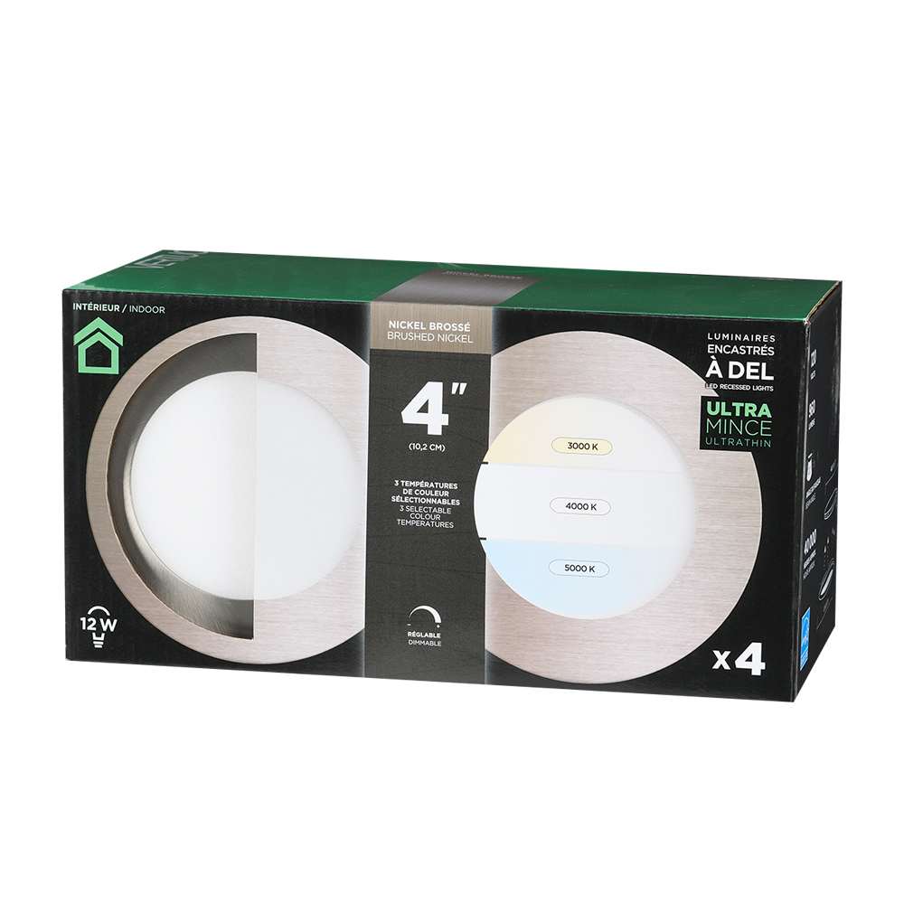 Encastrés DEL ultraminces nickel brossé 4&nbsp;po Pqt/4 VERTUO