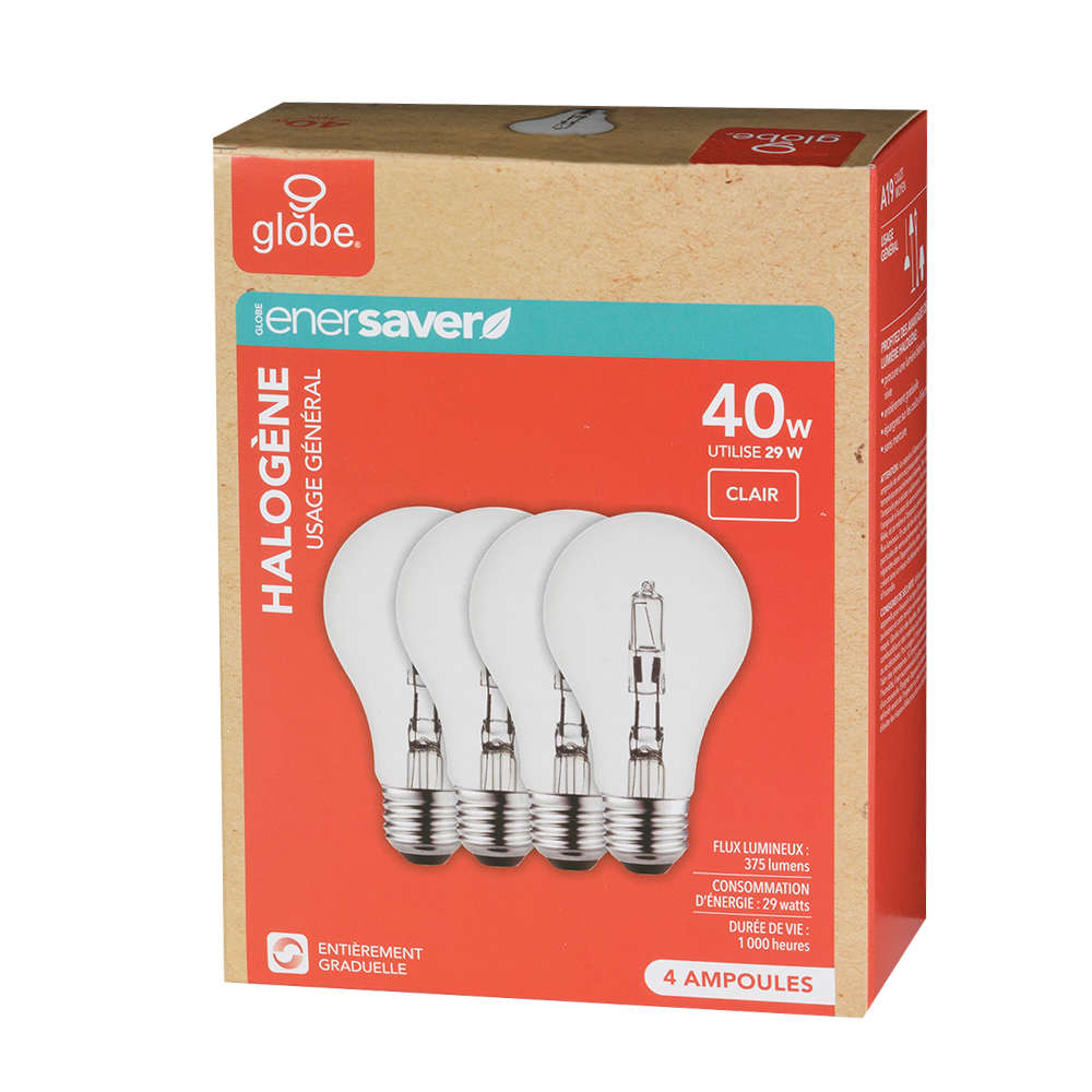 Ampoules halogènes A19, 29&nbsp;W Pqt/4