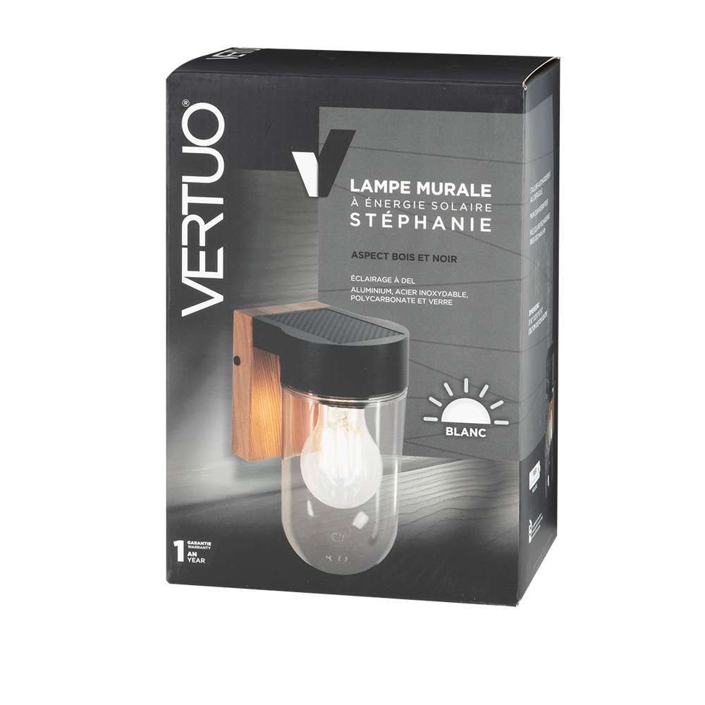 Lampe murale à énergie solaire Stéphanie aspect bois et noir VERTUO