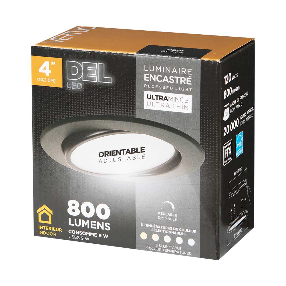 Encastré DEL ultramince orientable noir 4 po VERTUO