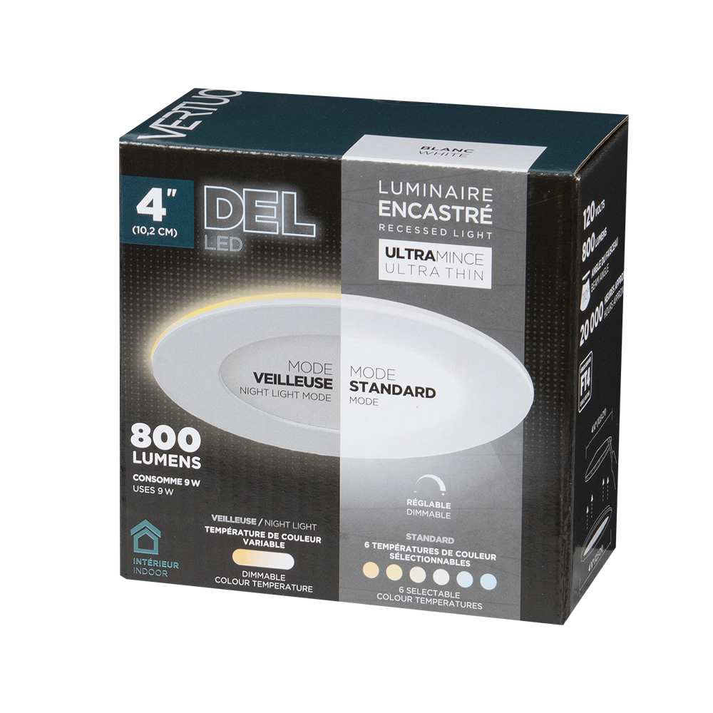 Encastré DEL ultramince avec veilleuse blanc 4 po VERTUO