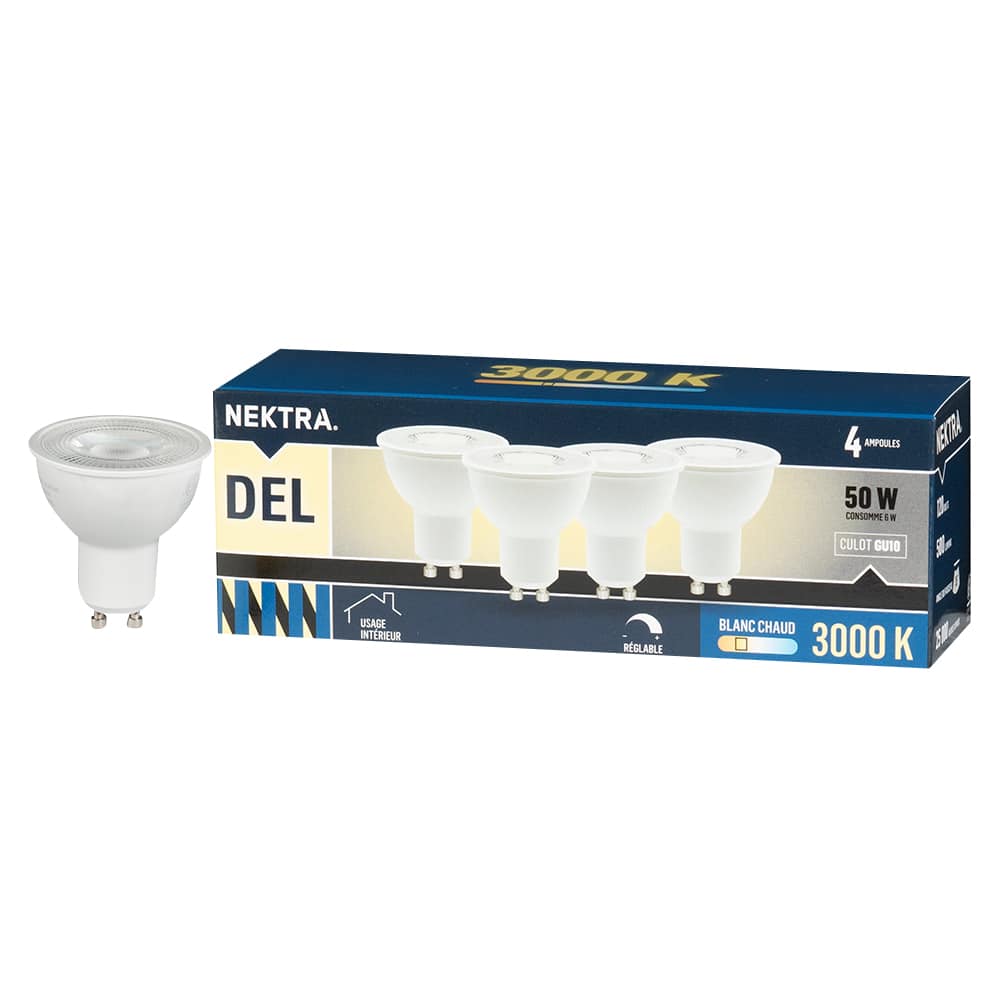 Ampoules-réflecteurs DEL GU10 blanc chaud 6 W Pqt/4