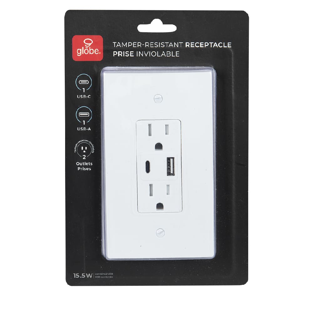 Prise de courant 15 A sécurisée + 2 prises USB (A et C) avec plaque