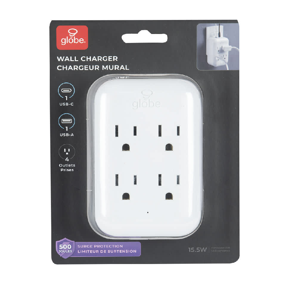 Multiprise murale blanche à 4 prises et 2 ports USB
