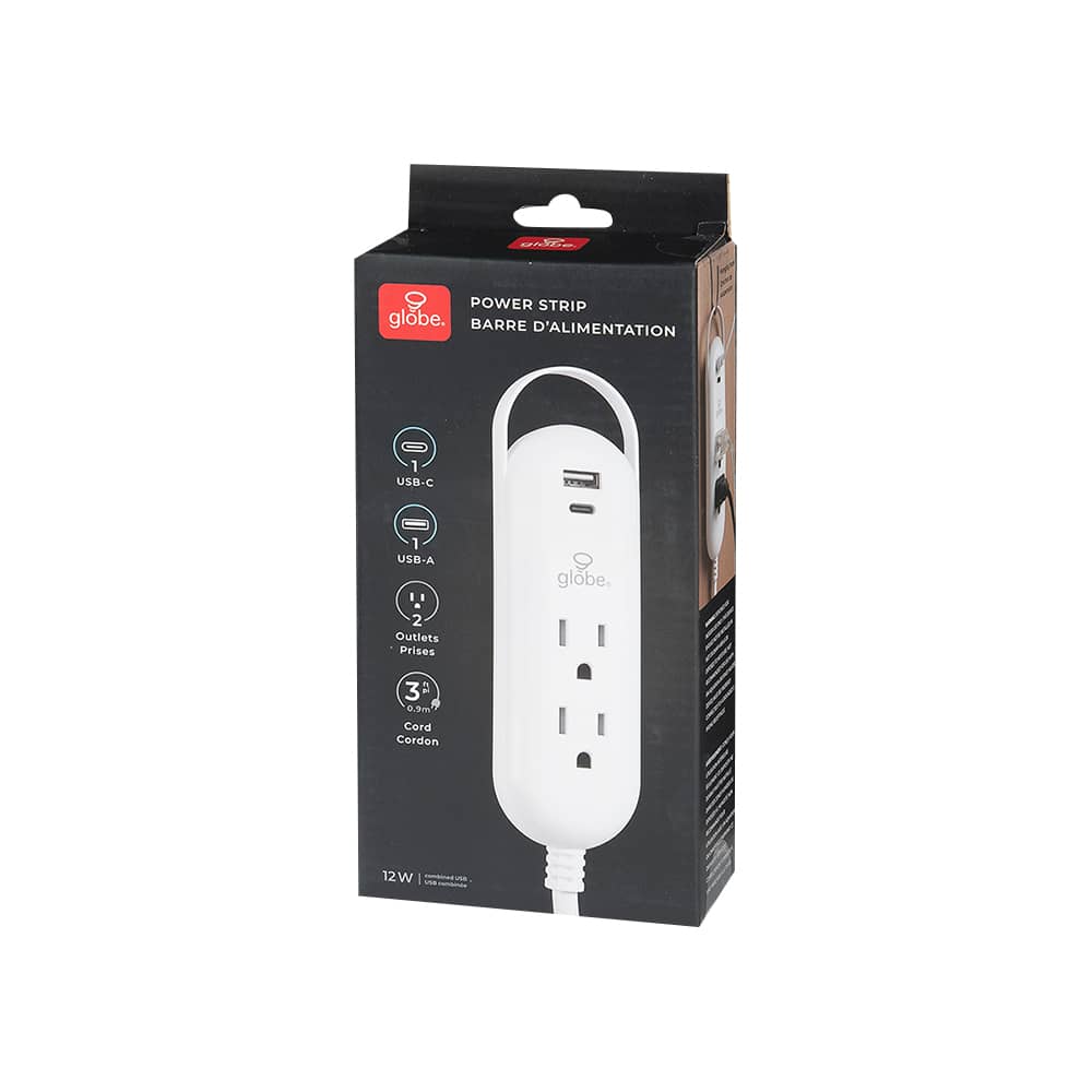2-Outlet and 2-USB Ports Power Bar White 3 ft.
