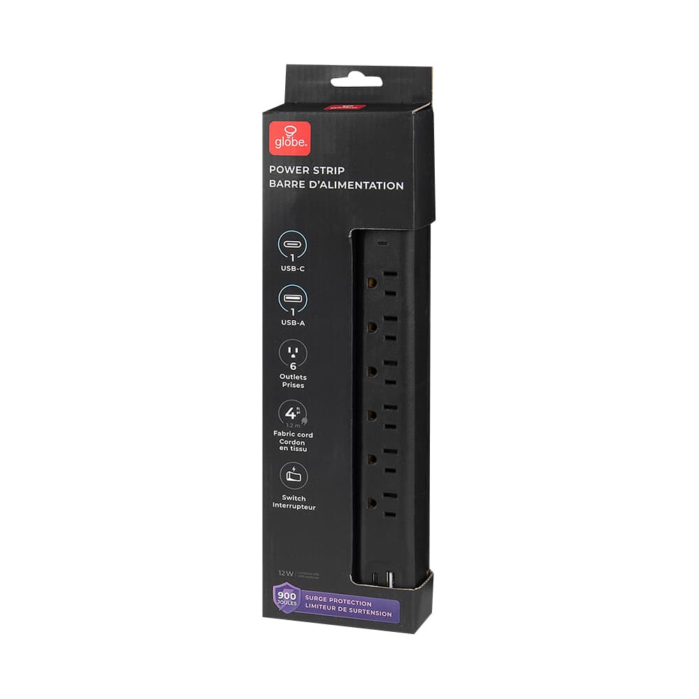6-Outlet & 2 USB Ports Power Bar 4 ft Black