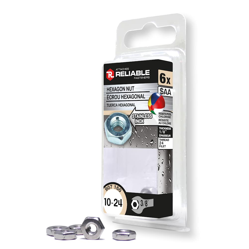 Écrous hexagonaux à machinerie inox 10-24 Pqt/6