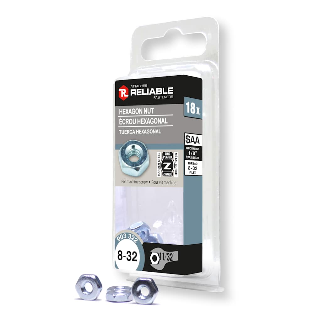 Écrous hexagonaux à machinerie 8-32 Pqt/18
